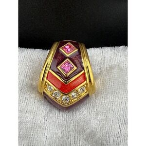 Vintage Cindy Adams Pendant Gold Tone Rhinestone Enamel Signed Pink Red